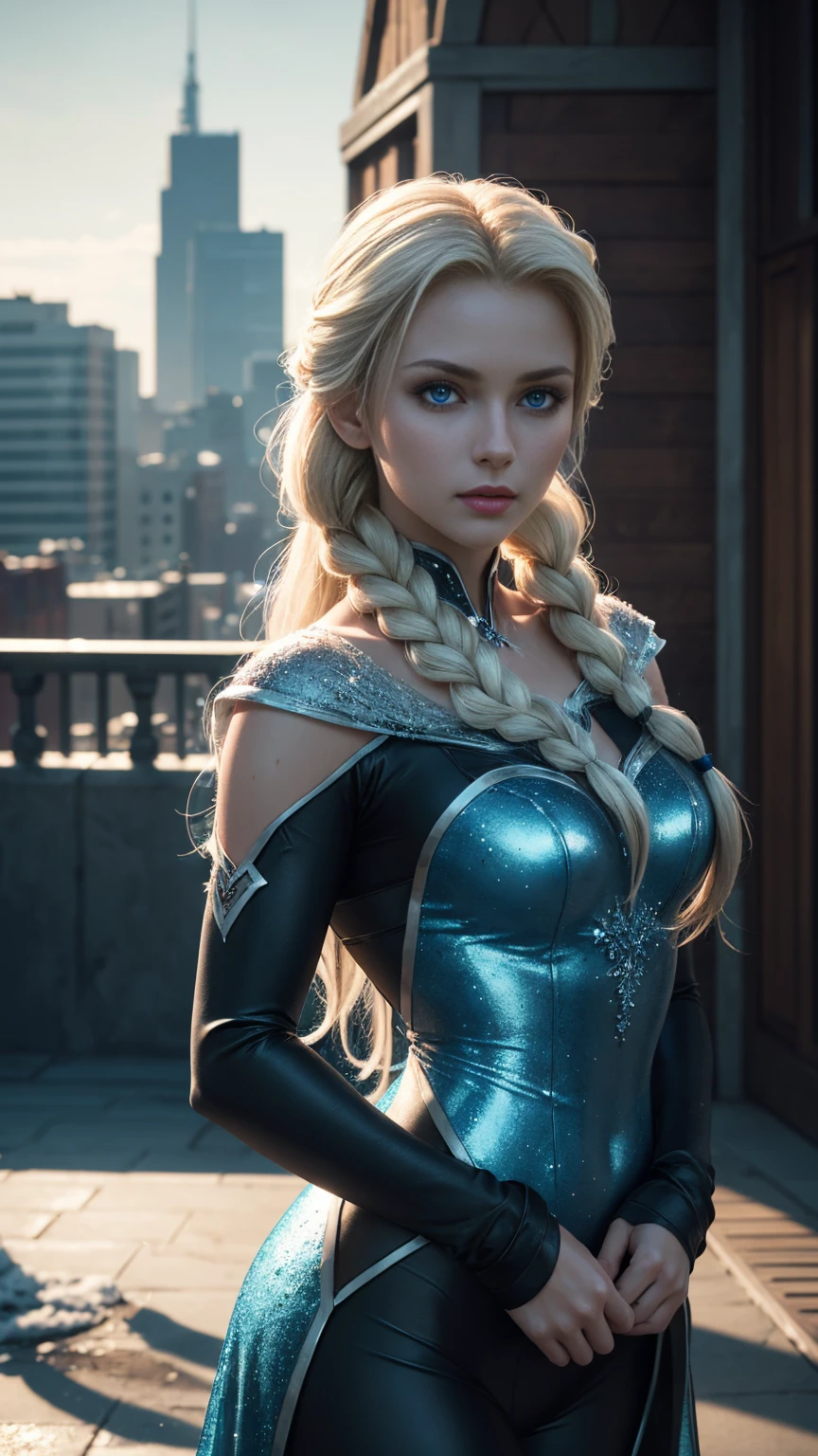 a beautiful woman, Elsa from "Frozen" in an evangelion plug suit, long platinum blonde hair, blue eyes, casting various magical spells, wide angle shot, frozen over cityscape in the background, cinematic lighting, highly detailed, photorealistic, 8k, (best quality,4k,8k,highres,masterpiece:1.2),ultra-detailed,(realistic,photorealistic,photo-realistic:1.37),HDR,UHD,studio lighting,extremely detailed,vivid colors,dramatic colors,moody lighting, ElsaWaifu 