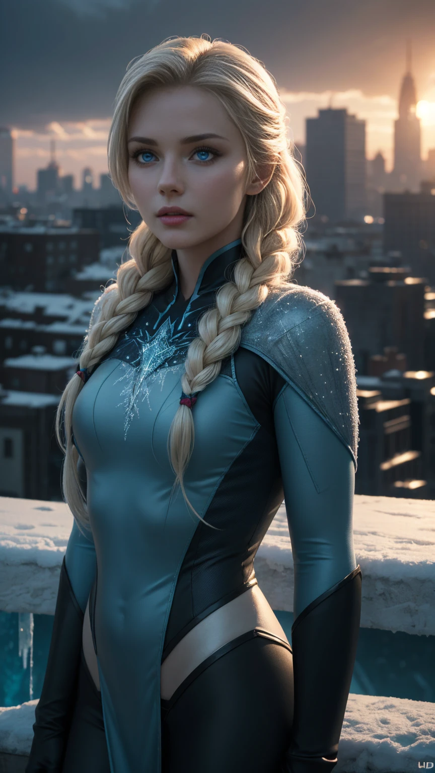 a beautiful woman, Elsa from "Frozen" in an evangelion plug suit, long platinum blonde hair, blue eyes, casting various magical spells, wide angle shot, frozen over cityscape in the background, cinematic lighting, highly detailed, photorealistic, 8k, (best quality,4k,8k,highres,masterpiece:1.2),ultra-detailed,(realistic,photorealistic,photo-realistic:1.37),HDR,UHD,studio lighting,extremely detailed,vivid colors,dramatic colors,moody lighting, ElsaWaifu