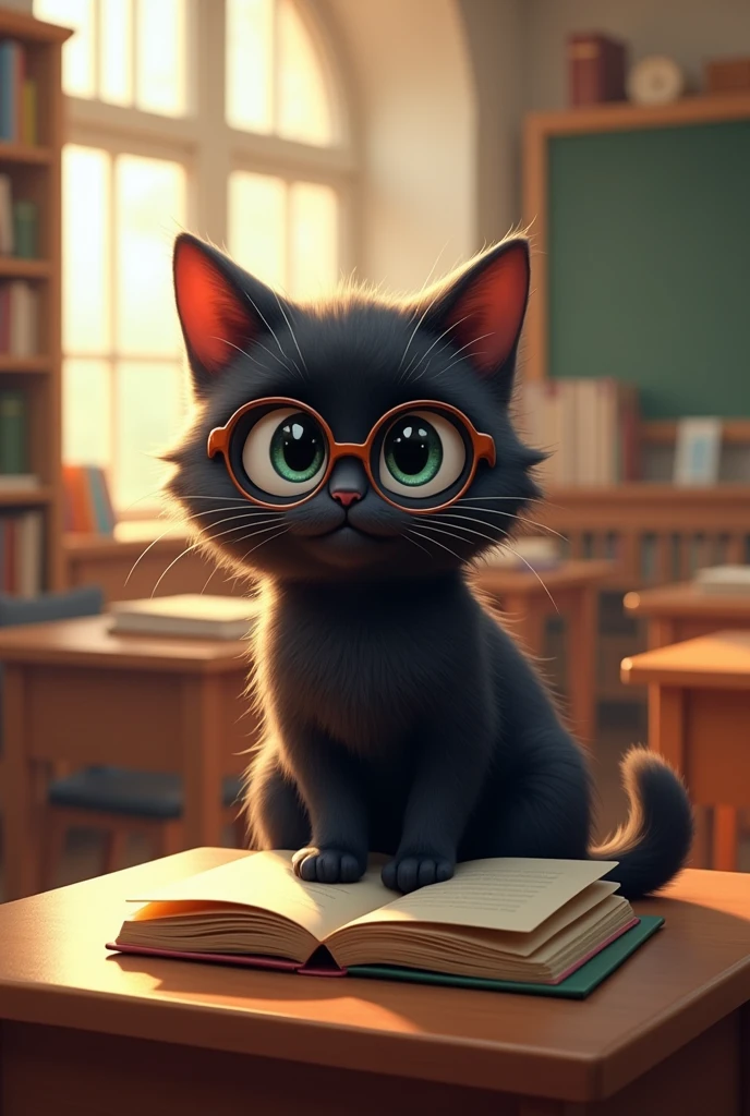 Cute black cat in college classroom studying