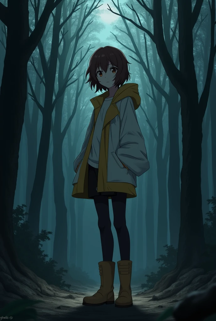 The image is in adult anime style cowboy bebop or Darker than black style with shadows and dim lights, anime style although somewhat adult and dark, It shows a young adult of 2, who wears a white jacket with yellow details, wear boots. He has brown eyes. It's in a dark forest. Short brown wavy uneven hair. She is standing in the middle of the forest. He seems determined.
