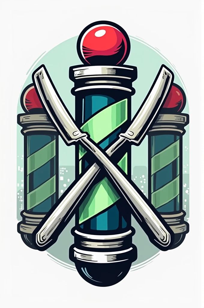 Create a flat vector, illustrative-style emblem logo design for a San Diego urban barber 'ChonchBlendz' established in 2020 , featuring barber poles , modern straight razors crossed. Use bright green, blue, grey and white colors to convey trust, premium service and a luxury experience against a black background. English