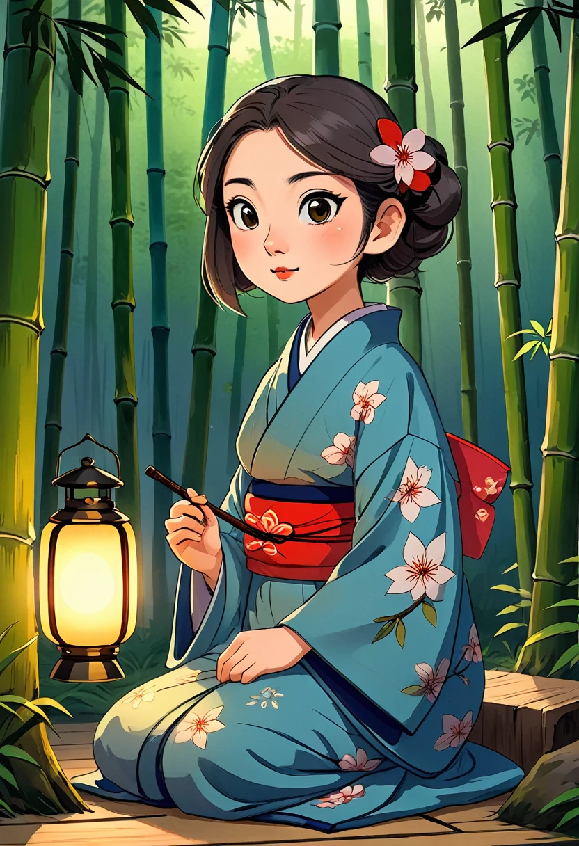 a detailed and ancient japanese yokai, edo period, nostalgic, warm and soothing, 1girl, beautiful detailed eyes, beautiful detailed lips, extremely detailed face, long eyelashes, traditional japanese clothing, kimono, sitting on a wooden floor, glowing lantern, shoji screens, bamboo forest, morning light, natural colors, soft lighting, cinematic composition, intricate details, (best quality,4k,8k,highres,masterpiece:1.2),ultra-detailed,(realistic,photorealistic,photo-realistic:1.37),dramatic lighting,vibrant colors