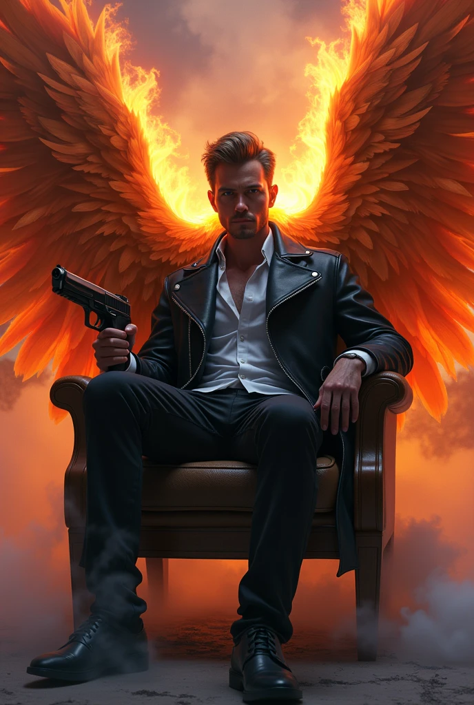 Cool guy with wings, hand gun and smoke, sitting on a chair, with phoenix fire on the side. 