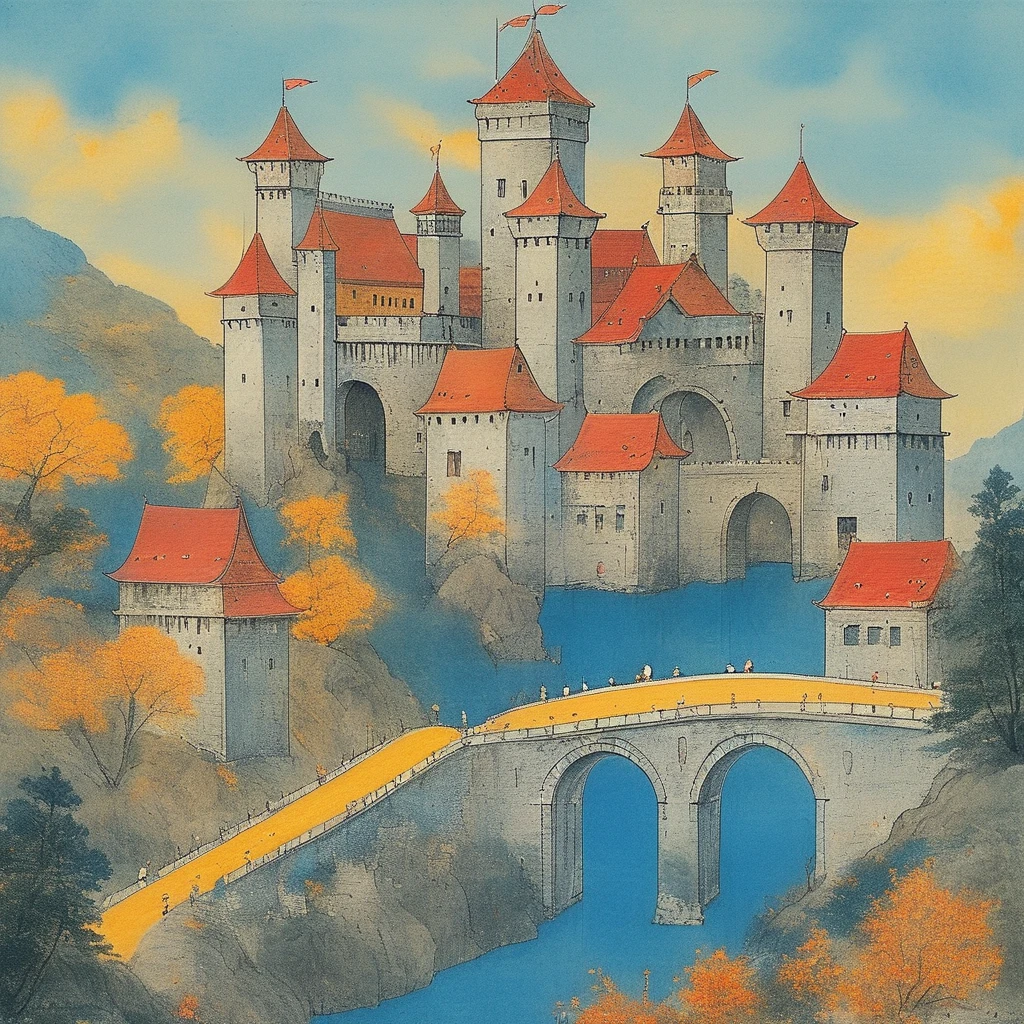 Draw a simple pencil drawing of a castle protected by three walls, the wall closest to the castle is red, a do meio é cerulean, e a próxima da rua é yellow. each one represents the skin, symbolizing hypodermis (rot), the dermis (cerulean) , epiderme (yellow). At the entrance to the castle, represent small blue vehicles that symbolize the epidermis, e esferas e bolhas unidas de cor yellow que simboliza the dermis, e robôs de cor rot que simboliza a hipoderme, and all of them carrying gifts towards the castle walls according to their similar colors. Use arrows to show the movement of these vehicles, spheres and robots heading to the castle, delivering their gifts deep within the castle.
