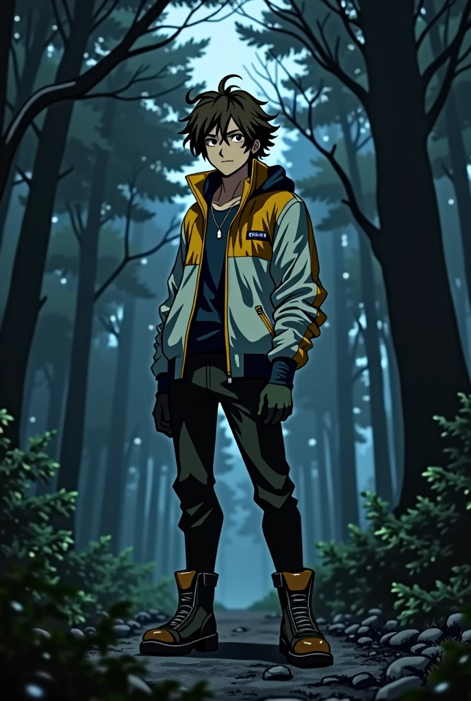 The image is in adult anime style cowboy bebop or Darker than black style with shadows and dim lights, anime style although somewhat adult and dark, It shows a 20-year-old boy, who wears a white jacket with yellow details, wear boots. He has brown eyes. It&#39;s in a dark forest. Short brown wavy uneven hair. She is standing in the middle of the forest. He seems determined. 