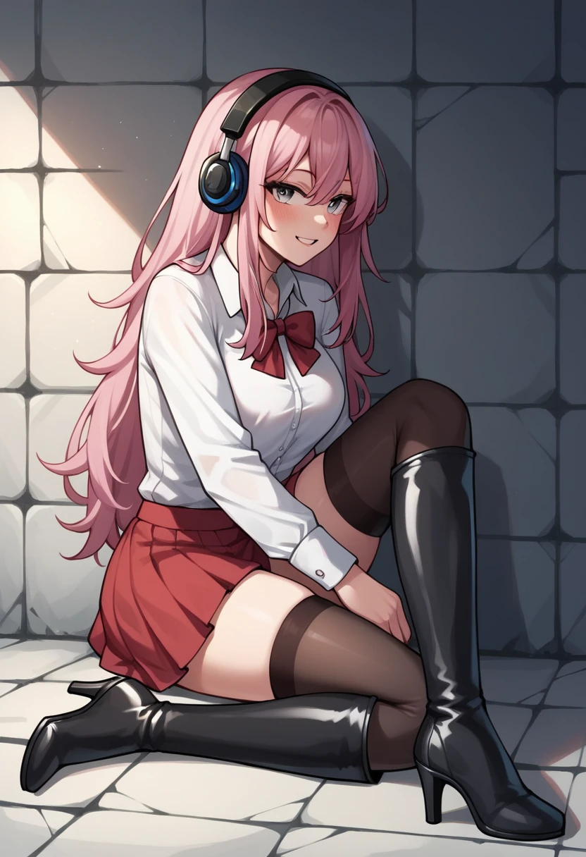 score_9, score_8_up, score_7_up, score_6_up, score_5_up, score_4_up, source_anime, 1woman, sit, pink hair, long hair, white eyes, messy hair, white shirt, red skirts, thigh high boots, heels,  stockings, dungeon, headphones, best quality, best res, 4K, UHD,
 