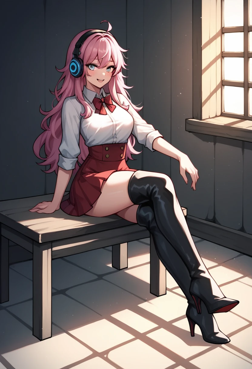 score_9, score_8_up, score_7_up, score_6_up, score_5_up, score_4_up, source_anime, 1woman, sit, pink hair, long hair, white eyes, messy hair, white shirt, red skirts, thigh high boots, heels,  stockings, dungeon, headphones, best quality, best res, 4K, UHD,
 