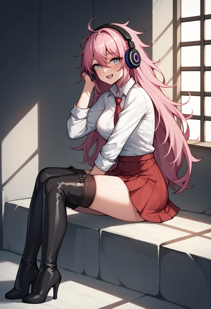 score_9, score_8_up, score_7_up, score_6_up, score_5_up, score_4_up, source_anime, 1woman, sit, pink hair, long hair, white eyes, messy hair, white shirt, red skirts, thigh high boots, heels, stockings, dungeon, headphones, best quality, best res, 4K, UHD,