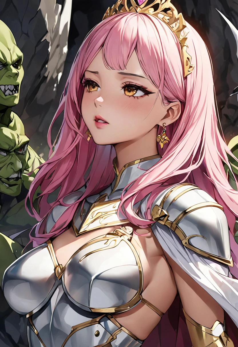 Browsing Caution, masterpiece、Highest quality、Ultra-high resolution、Maximum resolution、Very detailed、Professional Lighting、anime、Adult female、thin、so beautiful、Beautiful Face、Suffering face、Dress in Armor、Pure white full-plate armor、Shiny Armor、Golden decoration、Gorgeous Tiara、Gold earrings、frilled armor、Pink Hair、Golden Eyes、Pink Lips、Gold Belt、Cape、Shabby armor、Ready for battle、be strangled to death、cave、Attacked by Goblins、( Several Goblins: 1.2)
