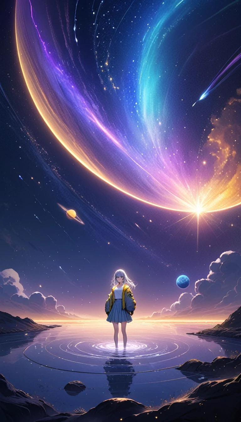 standing in front of a lake with a space theme, primarily in purple and white colors. The background should feature glowing stars, constellations, and comets scattered across the sky. Include a large, ringed planet in the lower left corner, with smaller planets and star-shaped accents throughout the scene. Add subtle nebula clouds and a gradient from dark purple to lighter shades, creating depth and a sense of vast space., Silver bob hair with golden inner color and blue eyes、Plain yellow jacket and white T-shirt、An adult character wearing light denim。There is a yellow hairpin in her hair.、smile。Light up your face in a dimly lit atmosphere。Emotional atmosphere。Upper body close-up。front。