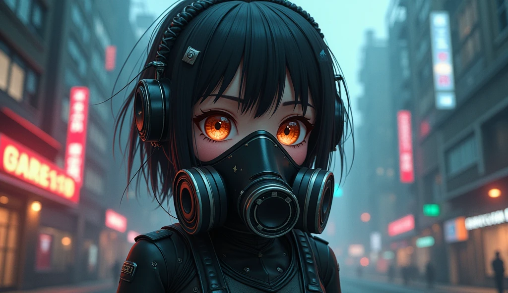 cyberpunk , anime girl Put on a gas mask