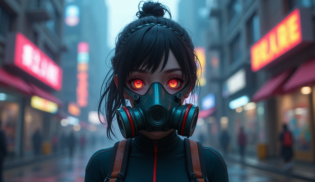 cyberpunk , anime girl Put on a gas mask