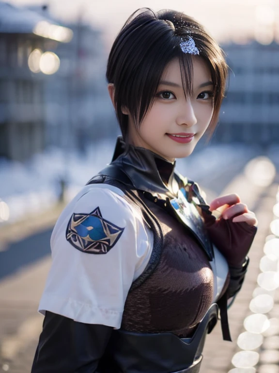 20 year old Japanese beauty,One woman、Muscular body like a bodybuilder、Emphasize the breasts、Slit eyes、A head-to-toe view,Bust is very very large、The background is a snowy country、High quality photos、Clear, crisp images of the lower body、Masterpiece 8k、Smiling、Throwing a shuriken with the right hand、From the front, from the side, from the back, etc.々from what camera angle to shoot、Light blue ninja costume