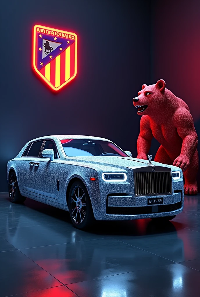 There is white rolls-royce phantom made of diamond in dark blue room. And theres is the red and scary bear statue near the car. And there is Atletico Madrid football club's logo on the wall. And logo is lighting woth its colors.