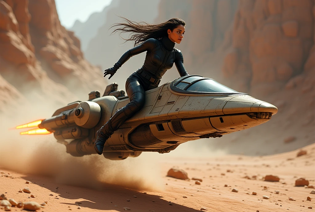 一人乗りの浮上式Speeder Bike、movie「Star Wars」Speeder Bike、Piloted by a woman in an assassin plug suit、Ancient Technology、Speeding,