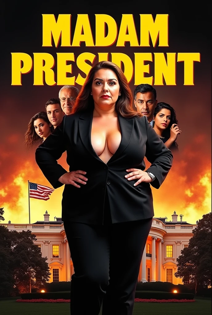 High quality, 1990s sci-fi movie poster, titled “Madam President” in bold large Yellow text, the tagline in smaller text “Saving the Union, One State at a Time.” Tall, chubby, Jewish Woman, age 60, chin up, looking down, thick body, broad shoulders, wide hips, long straight hair, formal suit, (plunging neckline), hands opening her shirt, behind her are five varying size headshots of other diverse ethnicity actors staggered, background is White House burning, tattered American flag waving