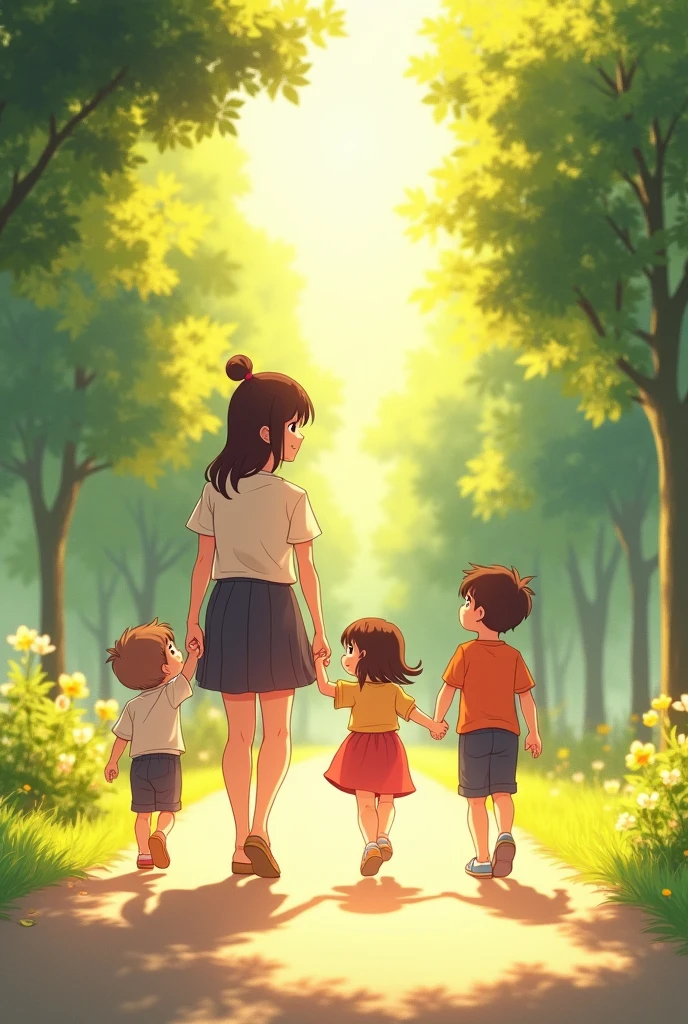 Healing anime style。The children happily followed their mother home