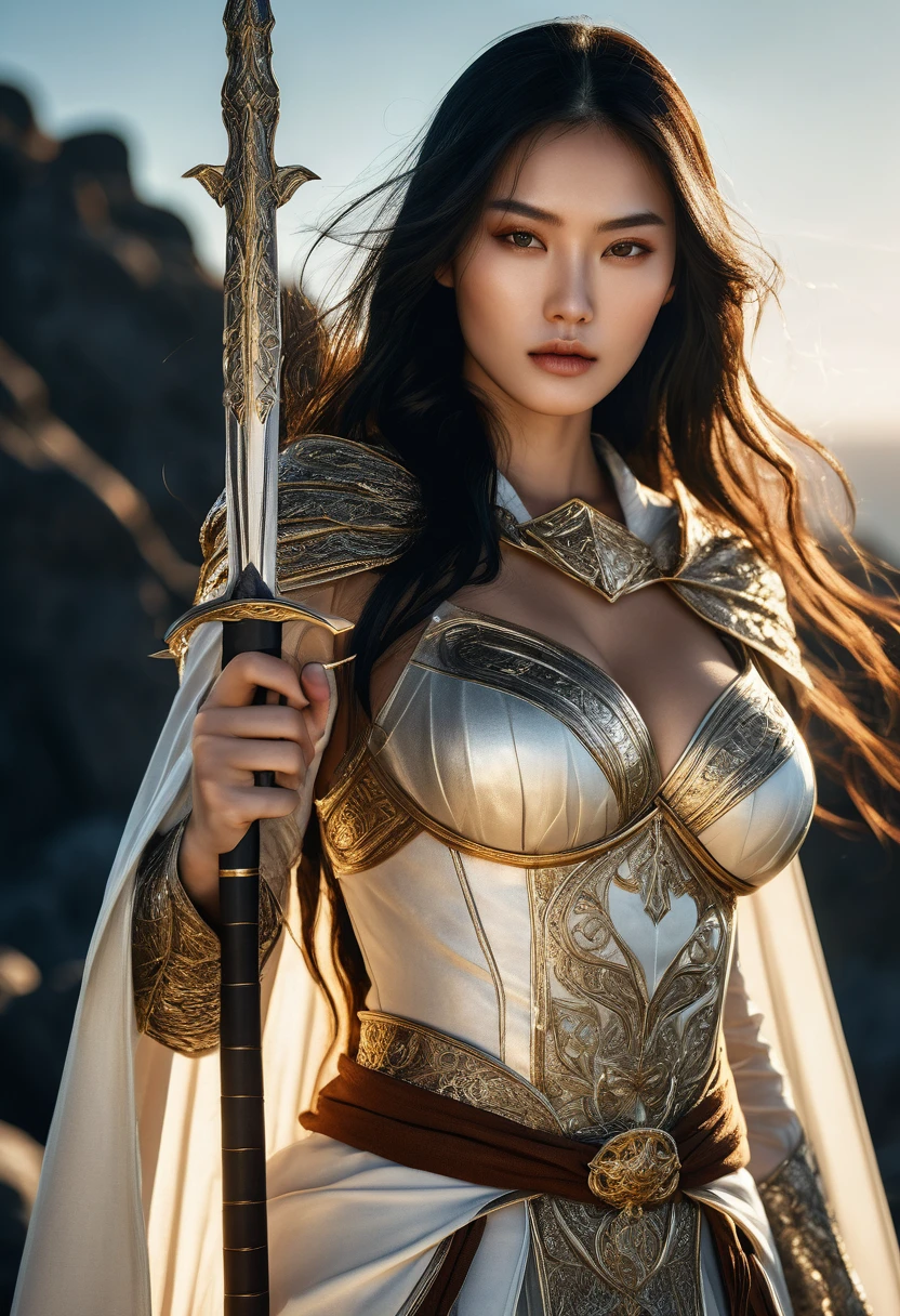 8K、ultra-detailliert、masterpiece、top-quality、(ighly detailed)、dynamic ungle、mysterious look、Wind-effect、Fantasy Background、Rim Lighting、ciinematic light、超A high resolution、8K UHD、film grains、Best Shadows、delicate、RAW、Particles of light、detailed skin textures、detailed armor texture、A detailed face、intricate-detail、ultra-detailliert、发光、strong con、Silver armor、(Holding weapons)、Slashing、Slashing Action、large full breasts,scapular、radiant eyes、 long cloak、Fantasia、(逼真)、armor on the shoulders、Convoluted、Convoluted、Perfect litthing、looking at the viewers、电影灯光、flying though the air、flight、Holy Light、Brilliant、bangss、Windy、Frozen mountains々、Long white wavy hair、Rich Queen,A sexy,enticing,