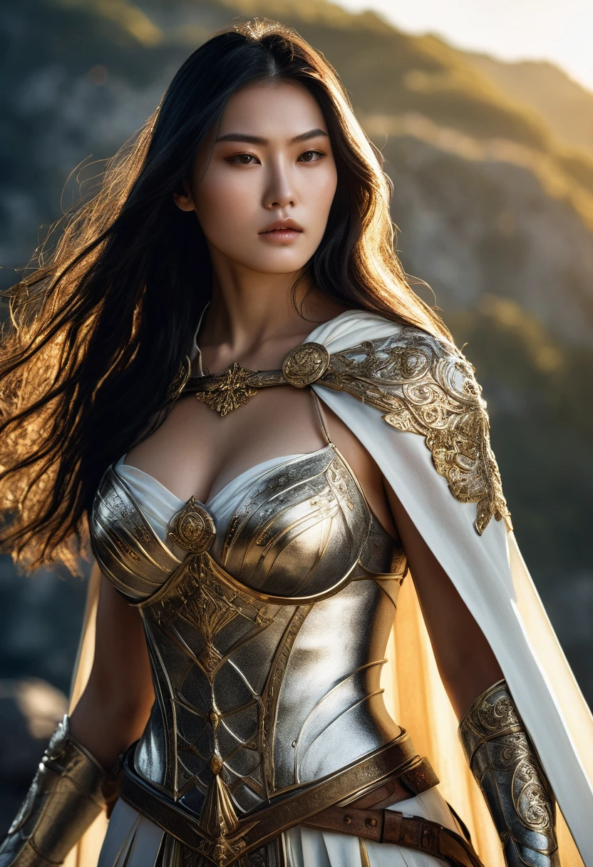 genius extremely beautiful young lady Youko, subtle makeup, golden hour, photorealistic, high contrast, 8k HD, detailed, hyper-detailed, realistic skin texture, long dark hair, big breast, best quality, ultra high res, raw photo, dramatic lighting, unreal engine, diffuse glow intricate silver eaba, white imperial cape, spear, sword, no helm