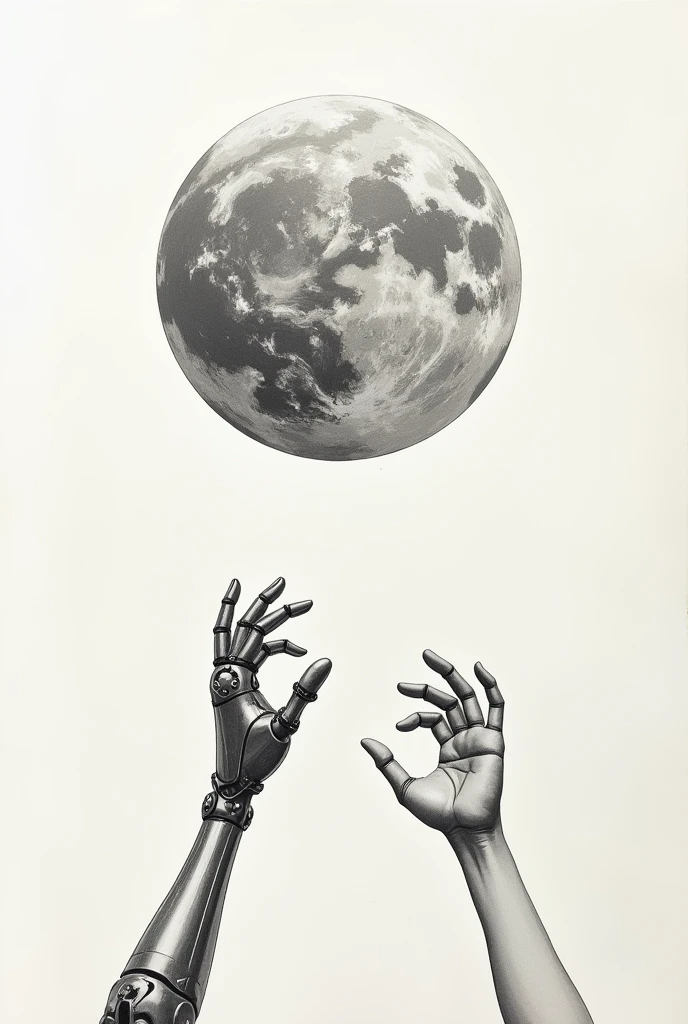 You can create a robotic hand and a human hand wanting to reach the planet Earth as if it were a drawing and a little less detailed the largest planet, I do it on a sheet of paper