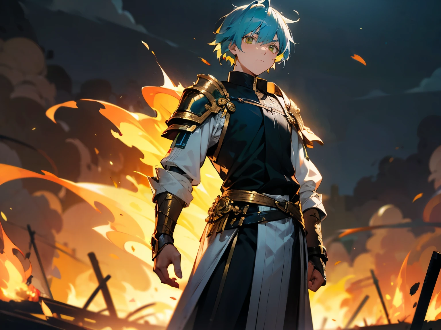 1male ,Adult Male,White and Golden Armguard on one Arm, Black and Silver Yukata , Messy Blue Hair ,Yellow Highlighted Hair, Green Eyes , Standing , Burning Village Background, Serious Expression ,