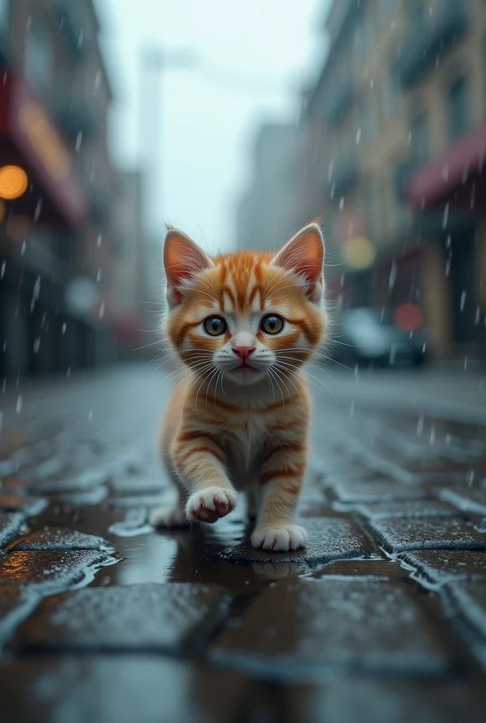 Cute close-up of a kitten lost in the city., Overcast (rain: 1.3), (Kinetics: 1.2), complicated details, ((A cat is walking along the roadside.)) ,Two-legged standing