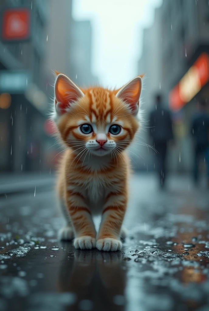 Cute close-up of a kitten lost in the city., Overcast (rain: 1.3), (Kinetics: 1.2), complicated details, ((A cat is walking along the roadside.)) ,Two-legged standing
