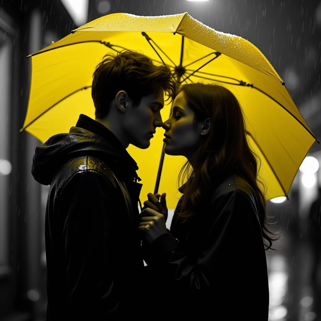 image en noir et blanc, deux ados europeen s'embrassent sur la bouche humide en se regardant dans les yeux sous un parapluie jaune, sous la pluie, éclairage en couleurs jaune. Image sensuelle