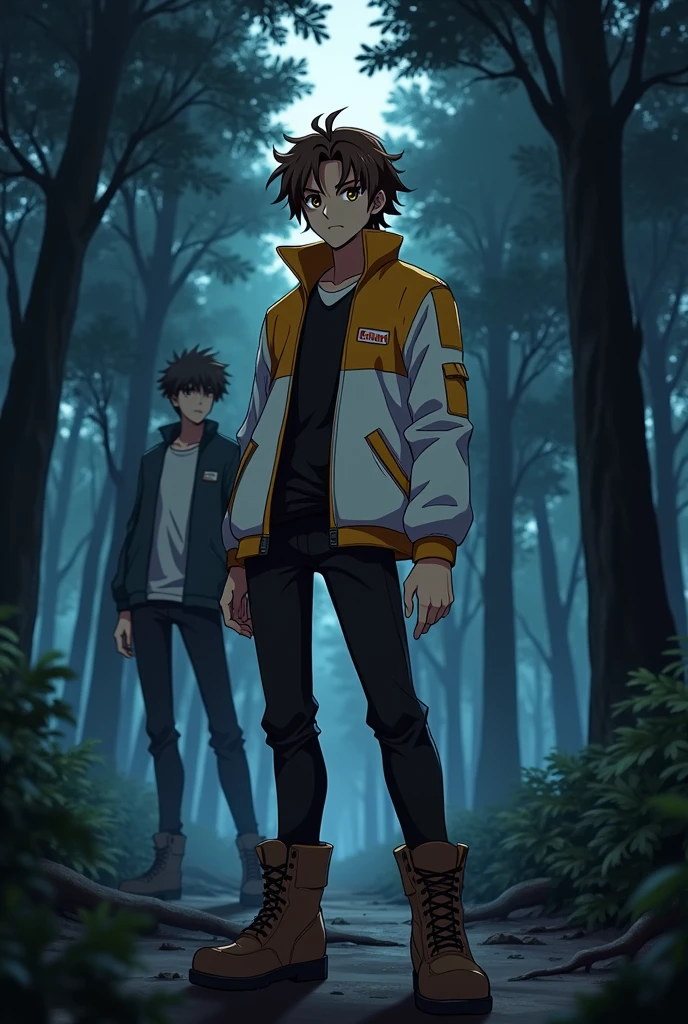 The image is in adult anime style cowboy bebop or Darker than black style with shadows and dim lights, anime style although somewhat adult and dark, It shows a 2 young man, who wears a white jacket with yellow details, wear boots. He has brown eyes. It's in a dark forest. Short brown wavy uneven hair. She is standing in the middle of the forest. He seems determined.