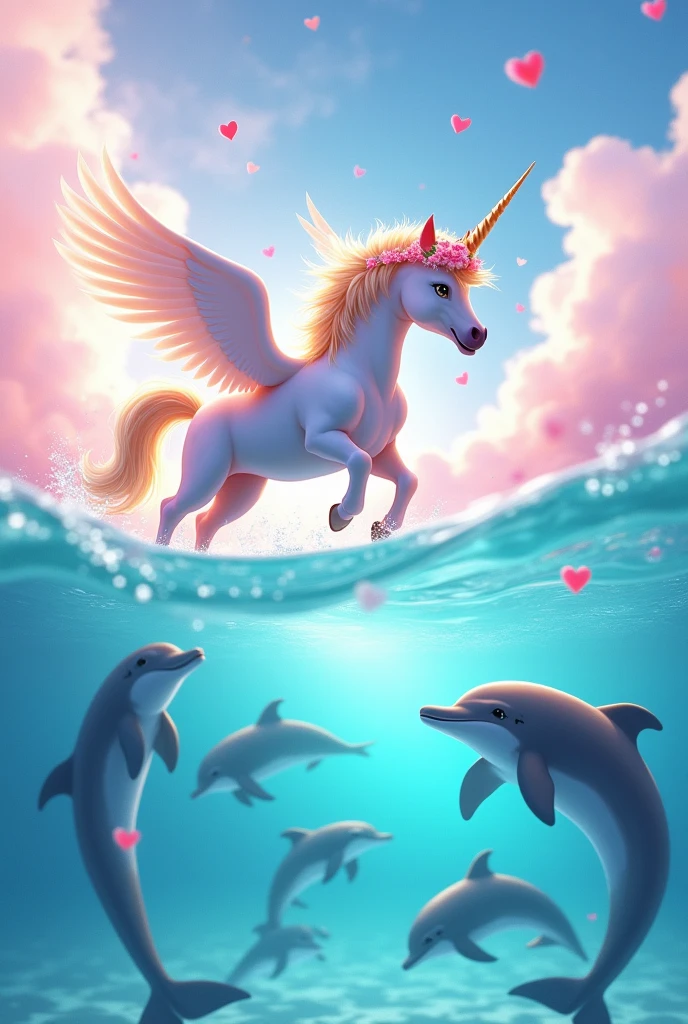 Imagine a unicorn flying over the sea, surrounded by a large number of large and playful dolphins, everyone jumping and having fun in the water. The sky is a rainbow of pink colors,pinks and whites, and the sea is a clear, crystal-clear blue. The unicorn has a flower crown and a magical glow on its back., and the dolphins are all smiling and jumping around him. There are hearts and stars floating in the air, and the whole stage is full of joy and magic.