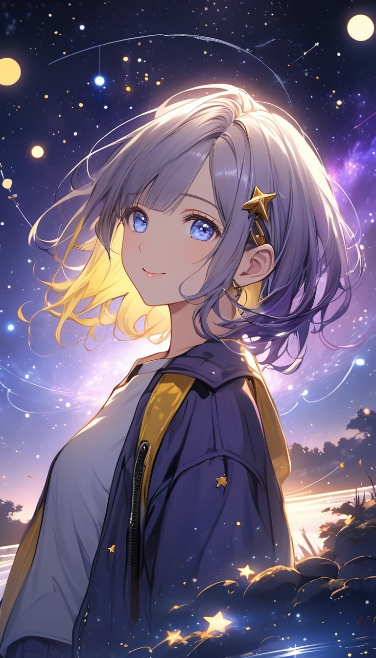 standing in front of a lake with a space theme, primarily in purple and white colors. The background should feature glowing stars, constellations, and comets scattered across the sky. Include a large, ringed planet in the lower left corner, with smaller planets and star-shaped accents throughout the scene. Add subtle nebula clouds and a gradient from dark purple to lighter shades, creating depth and a sense of vast space., Silver bob hair with golden inner color and blue eyes、Plain yellow jacket and white T-shirt、An adult character wearing light denim。There is a yellow hairpin in her hair.、smile。Light up your face in a dimly lit atmosphere。Emotional atmosphere。Upper body close-up。front。