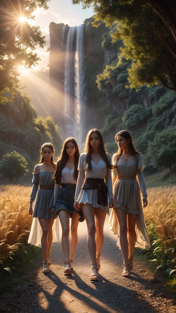 Four high school girls, very long straight hair, like rapunzel,little princess face,innocent, tender, totally naked without clothes, perfect erect nipples,huge breasts very large very exuberant extraordinarily grandly disproportionate super colossal ultra mega prominent,Thin waist, Long and shapely legs,with leather sandals,Whole body,wheat field, tractor, path,ultra high definition, realist, vivid colors, muy detailed, uhd drawing, pen and ink, perfect composition, beautiful, detailed, Intricate, increíblemente detailed, Octane rendering, trend in artstation, 8k art photography, photorealist concept art, Soft natural volumetric cinematic perfect light