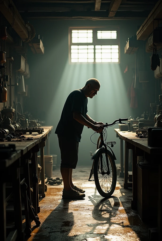 (Photorealism 1.2) high detailed definition cinematic cinematography old Chinese man wearing black t-shirt short trousers repairing bicycle at old rusty wood workshop hand oily floor wet and oil bicycle part and repairing tools morning mode sunlight silhouette