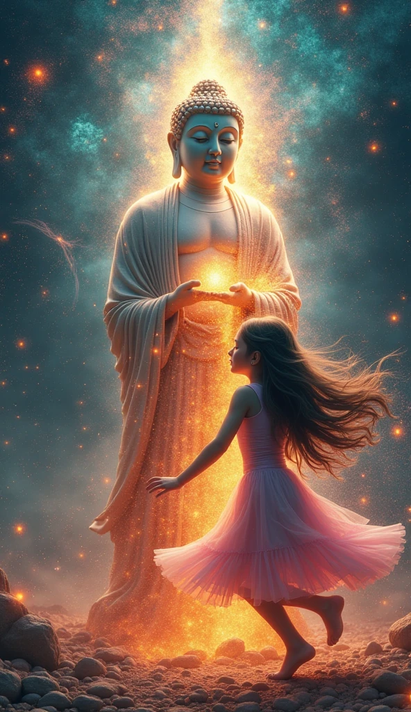 a psychedelic buddha statue,a young girl,dancing together,vibrant colors,surreal,abstract,dynamic pose,whimsical,dreamlike,psychedelic visuals,detailed figural composition,intricate patterns,glowing aura,ethereal lighting,fantasy,mystical,spiritual,beautiful detailed eyes,beautiful detailed lips,extremely detailed eyes and face,long eyelashes,(best quality,4k,8k,highres,masterpiece:1.2),ultra-detailed,(realistic,photorealistic,photo-realistic:1.37),vivid colors,studio lighting