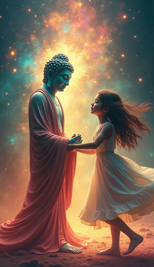 a psychedelic buddha statue,a young girl,dancing together,vibrant colors,surreal,abstract,dynamic pose,whimsical,dreamlike,psychedelic visuals,detailed figural composition,intricate patterns,glowing aura,ethereal lighting,fantasy,mystical,spiritual,beautiful detailed eyes,beautiful detailed lips,extremely detailed eyes and face,long eyelashes,(best quality,4k,8k,highres,masterpiece:1.2),ultra-detailed,(realistic,photorealistic,photo-realistic:1.37),vivid colors,studio lighting