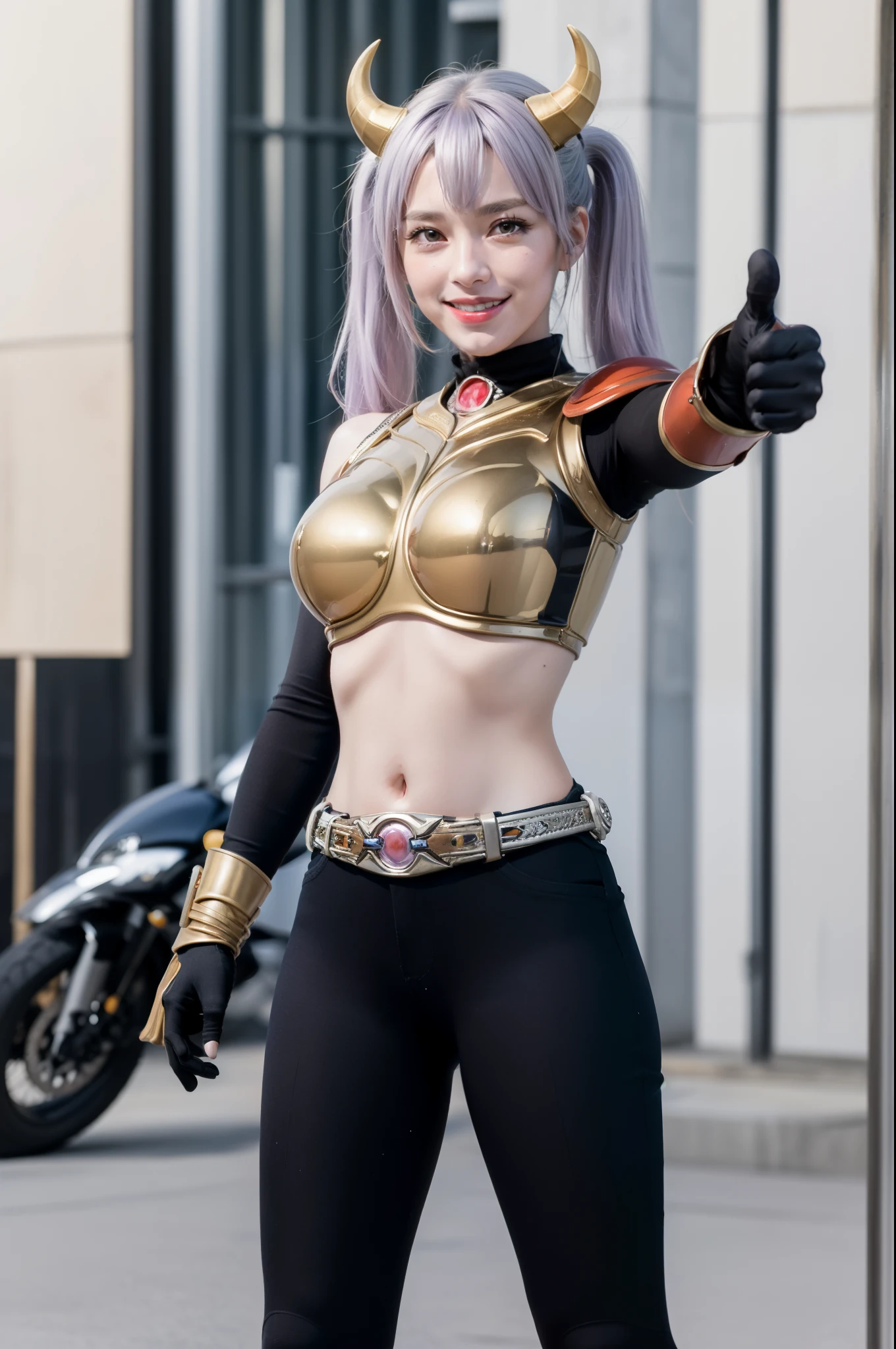 (The CG is very detailed.), (best quality), perfect face, Shiny skin, Shiny skin,wide hips, 1 girl,alone , Eukinetics,light purple hair,very long hair,low Twintail,Ahoge, purple eyes, Twintail, long hair,Mighty Cougar, ,Yellow horns,red armor, rider belt, glove, Diaphragm,navel,gold,,armor,belt,gag,bare shoulders, Thumbs up, smile,full body,