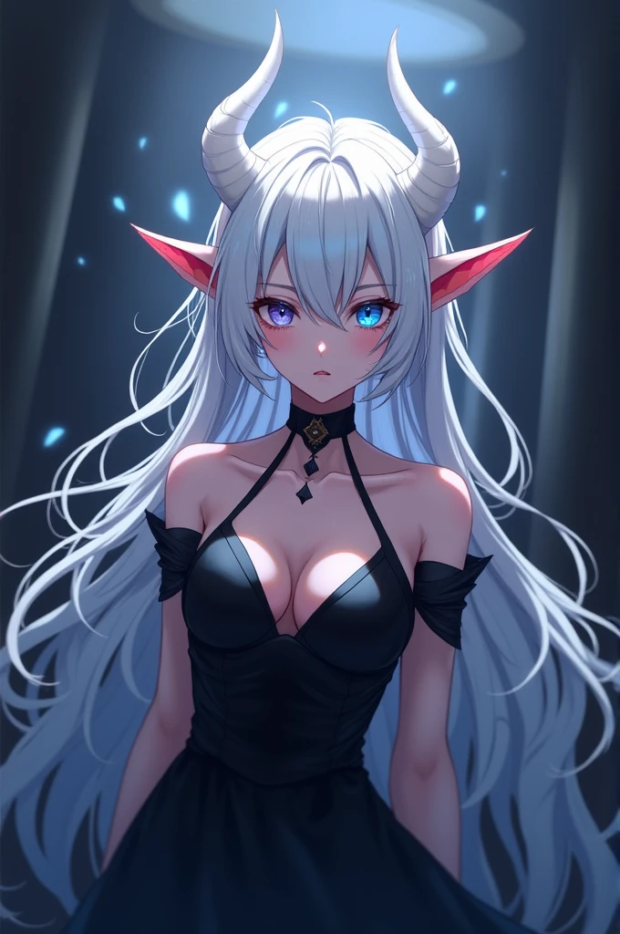 anime girl with white hair and blue eyes in a black dress, demon anime girl, mika kurai demon, anime monster girl, one blue ) and huge bat ears, anime moe artstyle, demon girl, azur lane style, monstergirl, beautiful succubus, white horns queen demon, ahegao, succubus, waifu, negao, tsuaii