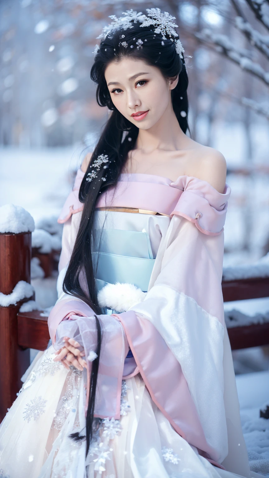 1 Fashion Model [[[[close up]]]], [[[[neck]]]], [[[[Shoulder]]]], (((Complete head)))，(((Complete hairstyle)))，Perfect eyes, Perfect Iris，Perfect lips，Perfect Teeth，Perfect skin，White skin，Soft headlights，High-density imaging，Black long hair，（Clean and delicate face），((Simple fur winter Hanfu))，((full-body shot))，((The background is a snowy scene))，((winter))，((Various dynamic poses))，((The background is a snowy scene))，best quality，masterpiece，（Soft colors：1.2）
