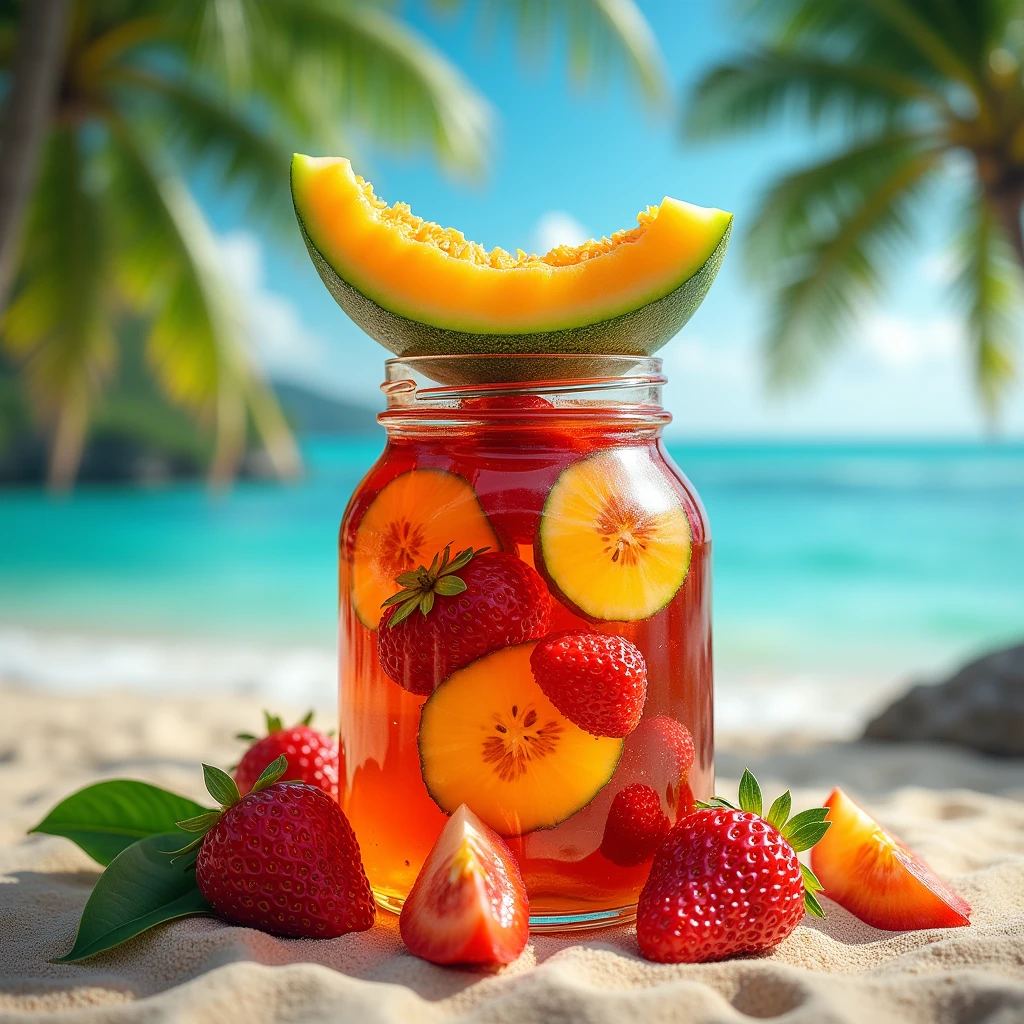 Best image quality、Highest quality、up、masterpiece、Tropical Beach、Mr.々な色に輝くガラスのjamの容器、Stent Glass、colorful、orange、(jam)、jamの液体の中にMr.々Fruits floating in the water、Gorgeous image、A surf-shaped melon pops out of the lid