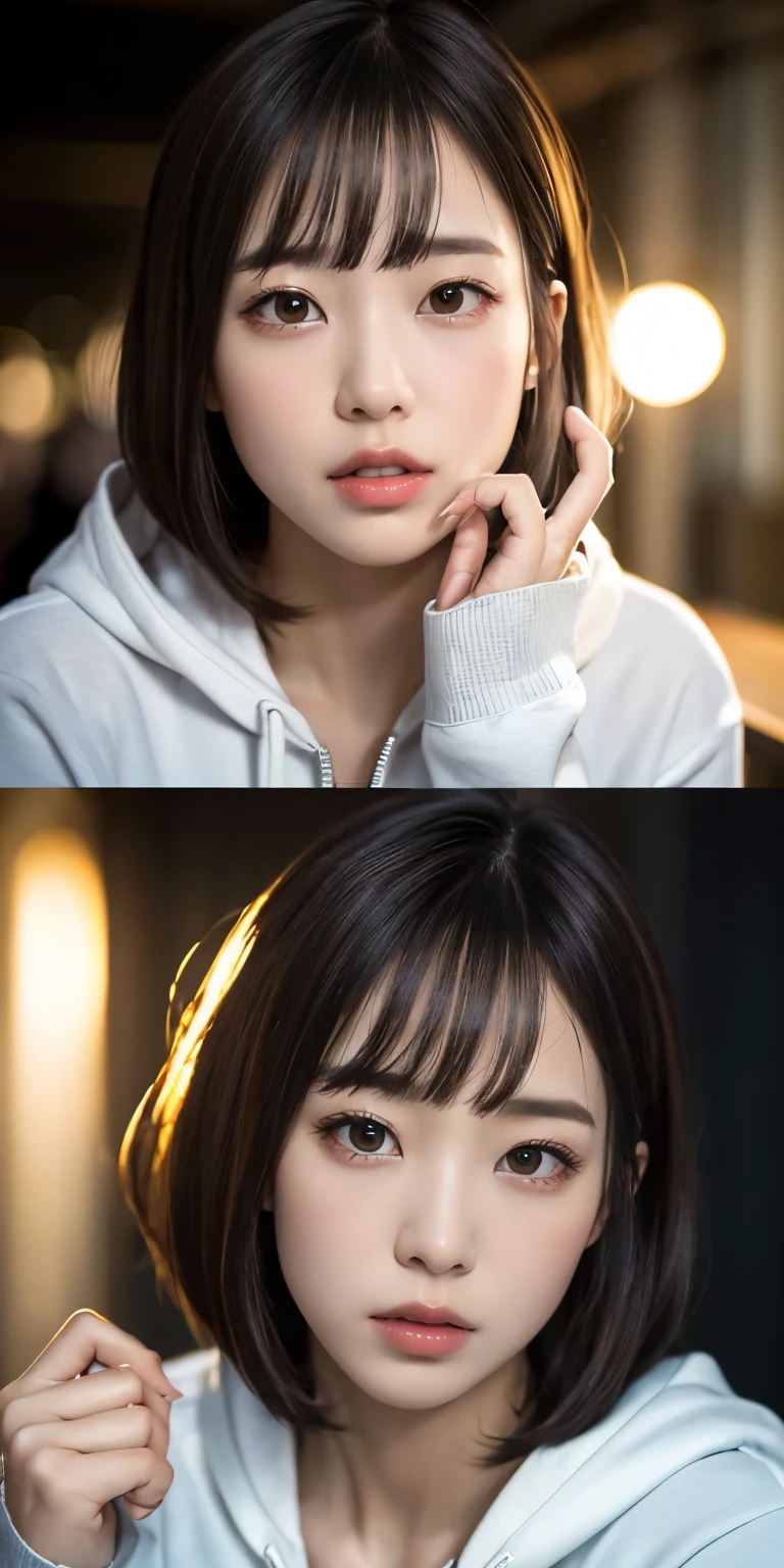 (masterpiece:1.5), (8k, Realistic, RAW Photos, Best image quality: 1.4), Japanese Idols、Highly detailed face、Attention to detail、Genuine、 double eyelid、Big and attractive eyes, Perfect beautiful eyes、Sharp focus:1.2、Beautiful woman:1.5、Light brown hair、 Highest quality、masterpiece、Ultra-high resolution、Perfect Shadow、(Realistic:1.4)、Highly detailed and professional lighting、Station platform、Bobcut、Perfect shape、Symmetrical face、beautiful girl,Sharp focus, Perfect Anatomy,Written boundary depth、 View your audience、Colorful large size zip-up hoodie、The front of the hoodie is open、T-Shirts、skirt、Detailed fingers、Correct finger、Correct limbs、Correct limbs、Watery eyes、Glossy Lips、Erotic look
