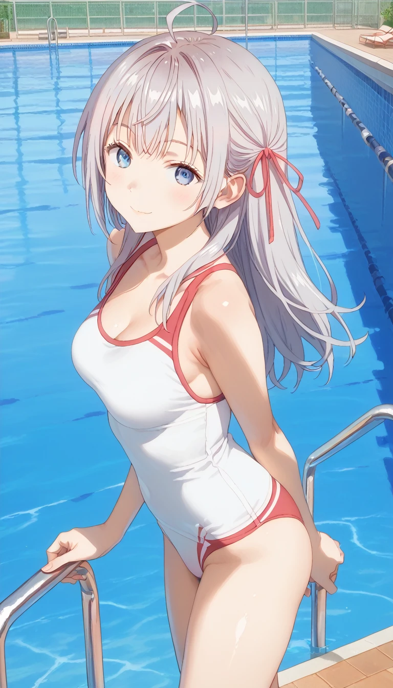 score_9, score_8_up, score_7_up, source_anime, masterpiece, absurdres, medium breasts, mature woman ,perfect face, 1girl, cute expression, smiling, looking at viewer, standing, arched back, pool, alisamikhailovna, alisamikhailovna kujou, long hair, bangs, blue eyes, ahoge, gray hair, red ribbon, swimsuit tan:1.5, red bikine