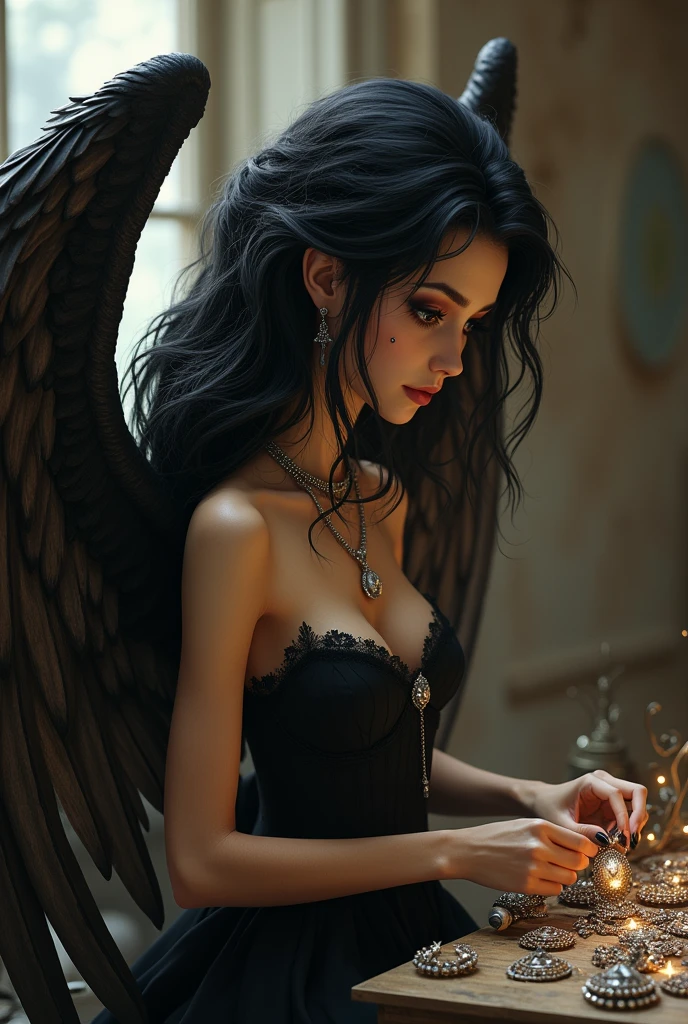 Height: 6'0 foot tall Gender: Female Appearance: Her hair reaches down her waist, jet black hair, straight hair, straight bangs with silver draping down her bangs. Skinny round face, siren eyes, long eyelashes, heart shaped lips, her bottom left cheeks had a beauty mark, her right eyelid had a beauty mark, soft angle medium arch eyebrows, black eyes. Sand skin color. Button nose. Demihuman: Half owl and half human, owls typically had amazing eyesight and hunting experience especially in the night with their incredible grip and silent wings. Black mix with a tiny mix of brown wings, soft but surely sharp, huge and massive.
Facing side way, crafting jewelry with her own hands, her wings towering around her back. Doesn't wear native clothing. She wore a silver jewellery around her neck, her dress dripping in black, slight gothic and Greek related style. 