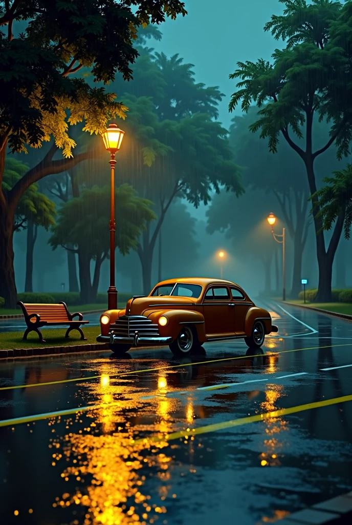 A picture with small darkness but colours,with street lamp with medium yellow lightning and a clean road after rain with yellow strips and a old park bantch with highest quality and a old vintage car with low yellow light