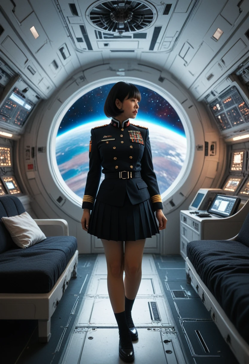 (highest resolution, distinct_image), best quality, masterpiece, highly detailed, semi realistic, a woman with short black hair, mature woman, triple bangs, black uniform, black pleated skirt, military uniform, spaceship space, control room, commander