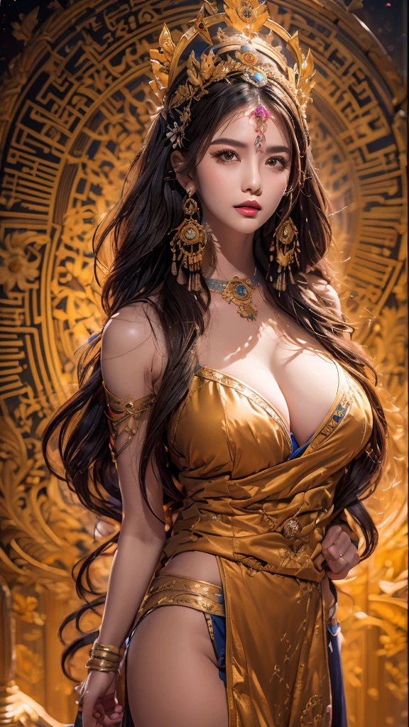 Buddhist text background all over the sky,A Bodhi Girl,long hair shawl,Big breasts,wearing cassock,Swastika embossed jewelry on back,Nasturtium at feet,Movie Special Effects,Super detailed,8k