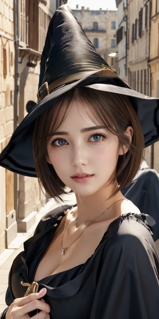 Photorealistic、highest quality、Highest quality、masterpiece、Ultra-high resolution、Raw photo、Realistic、Bright lighting、Face Light、Smooth Professional Lighting、Looking at the camera、alone、Adult women、Beautiful woman、Super Beauty、Realistic肌、Moisturized Skin、Realistic eyes and faces、Perfect model body shape、Beautiful Eyes、Big eyes、Inconspicuous tear bags、slim、Medium sized big breasts、Beautiful fingers、Very short hair、Black Hair、black eye、seems to be happy、Cowboy Shot、(Both ears are hidden in the hair)、(((Witch Costume)))、Fantasy World、Medieval European streets