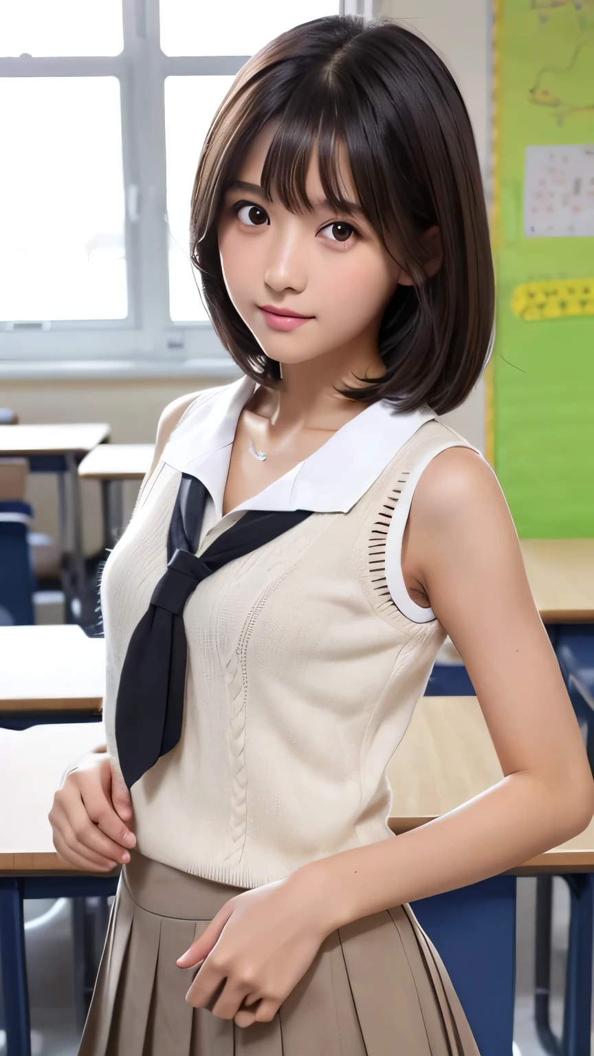 Highest quality、Realistic、、zoom、、Women、low length、cute、Light grey eyes、Black Hair、short hair、Tanned brown skin、Dark Skin、White half blouse、Ivory knit vest、Grey pleated skirt、Flat Chest、、thin、classroom