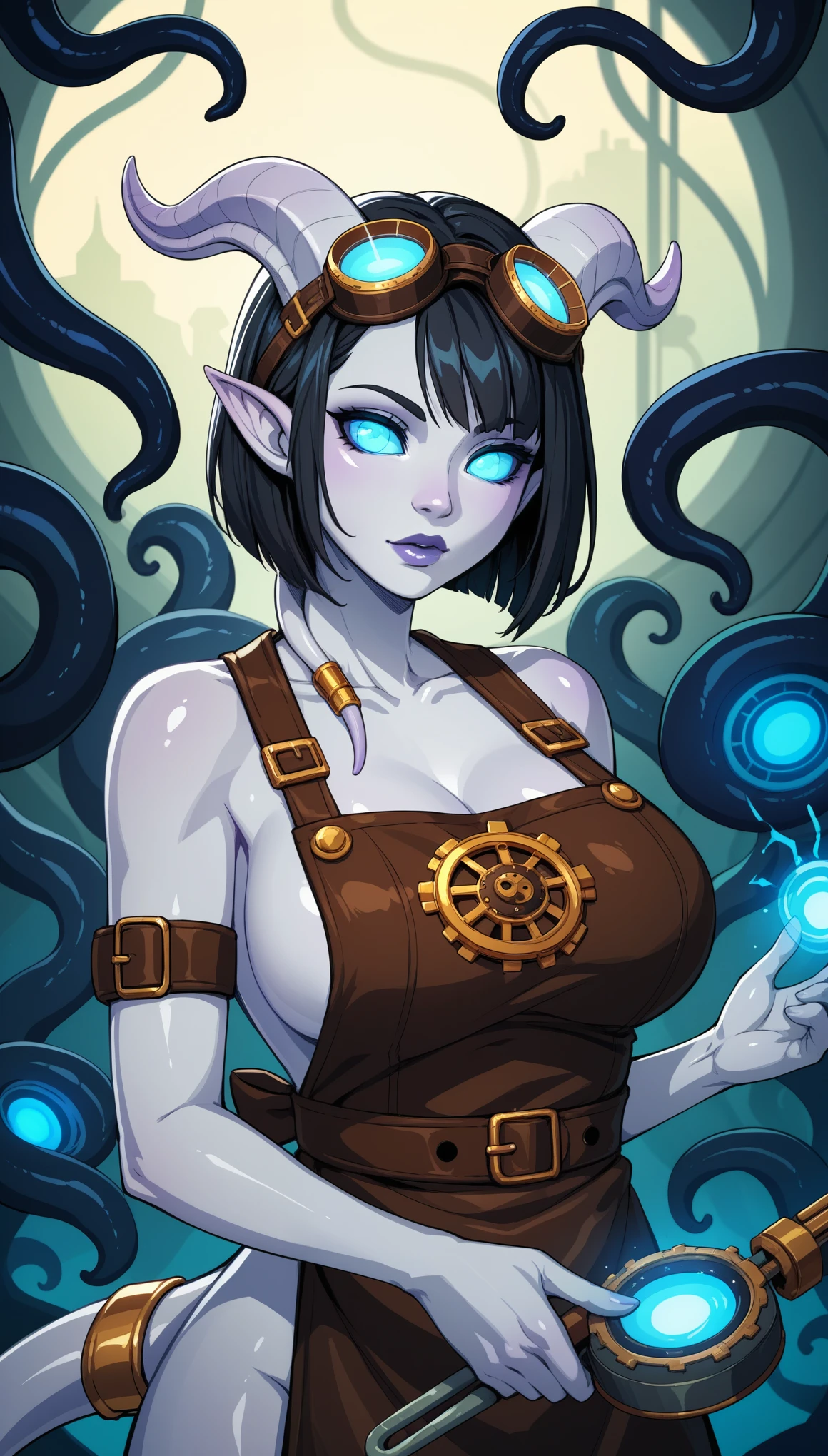 score_9, score_8_up, score_7_up, score_6_up, score_5_up, score_4_up, BREAK source_anime, source_anthro, rating_safe, [rating_explicit],

masterpiece, best quality, 1girl, solo, draenei, glowing purple eyes, colored sclera, tail ornament, hooves, white skin, blue eyes, black hair, shiny silver pouty lips, (tentacle hair), close-up, upper body, hair ornament, plump and large breasts, shiny skin, shiny silver lipstick, steampunk goggles, bob hair cut, fantasy, magic, psy powers, leather apron "OH", toolbelt, mechanic, dressed, clothed