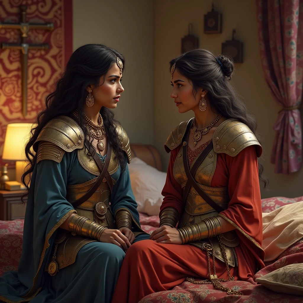 A  female rajput warrior talk and  other female rajput warrior in their kingdom room , she sitting a bed and  see dream rajput warrior , she  see a dream