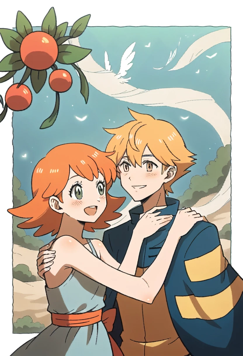 Ash\ (pokemon\) (hat , black hair, brown eyes) hugging misty (Berry Short,Orange Hair,one side up hair,Big green eyes,Small breasts,Skinny) , Pokémon couple, tender moment, adorable, team, best quality, masterpiece, beautiful background, excited, 